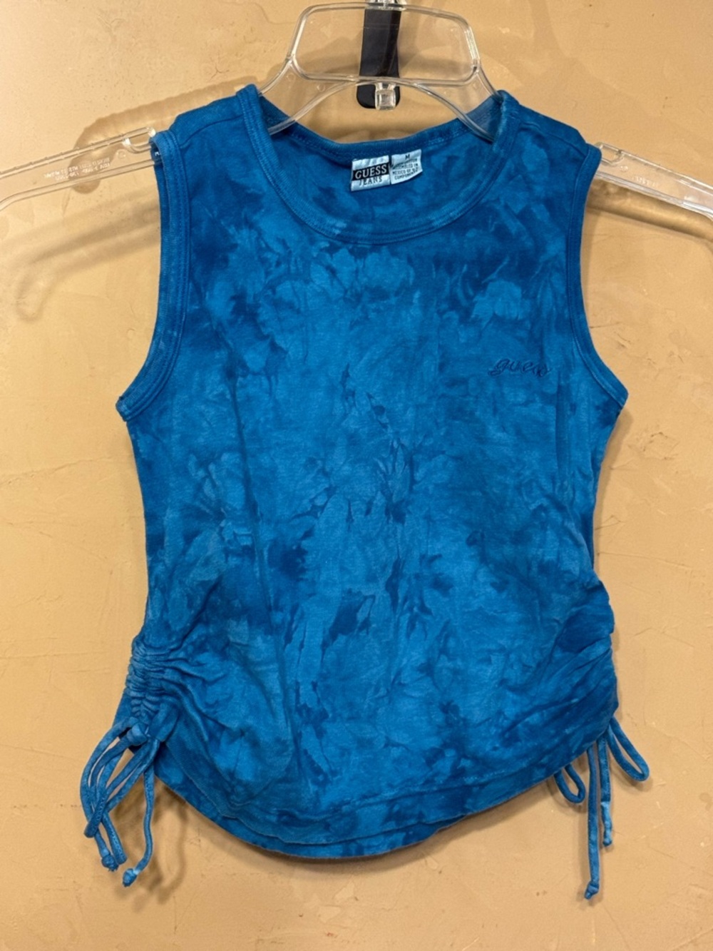 GUESS Blue Tie-Dye Ruched Side Tank Top